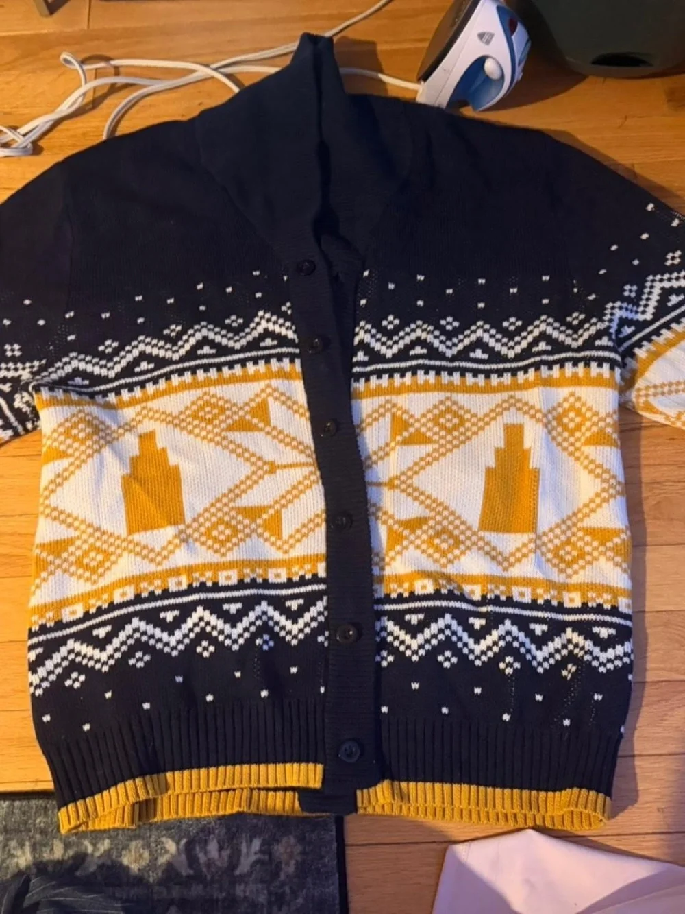 Men's Hooded Button-Front Sweater Cardigan - Navy & Mustard
